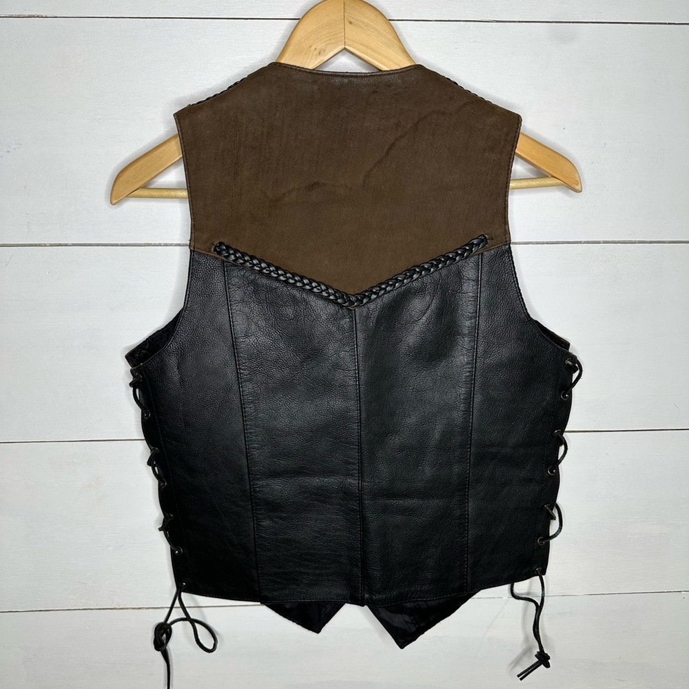 **SOLD**Vintage Antelope Creek Leather Western Vest Black Brown Braided Classic - Picture 8 of 10
